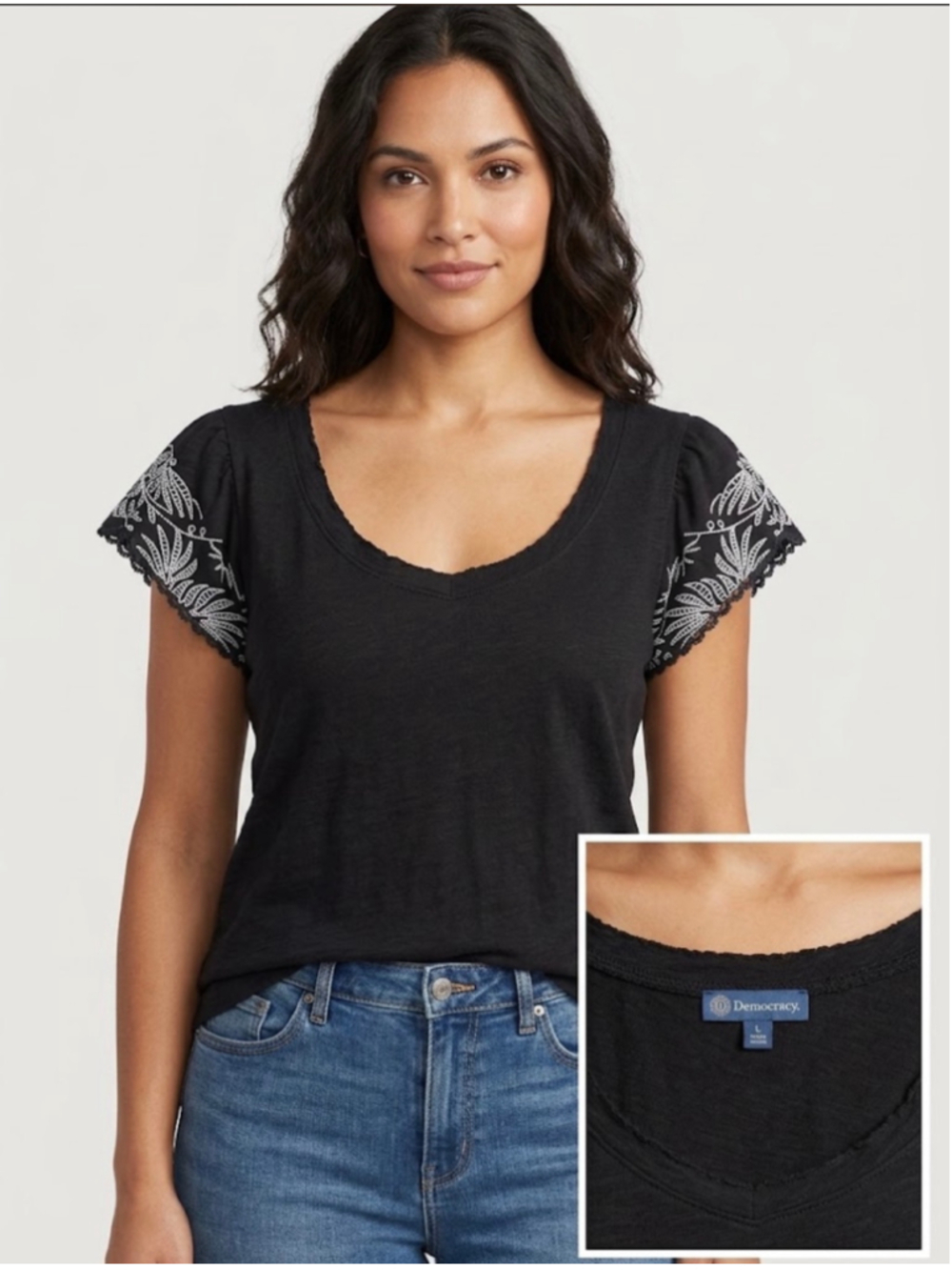 Women's Democracy Short Sleeve Embroidered Tee, Black/White, Size L